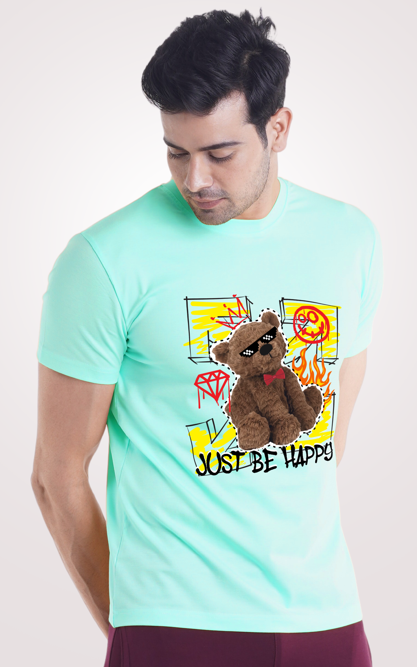 Just Be Happy Half Sleeves Ocean Blue T-Shirts