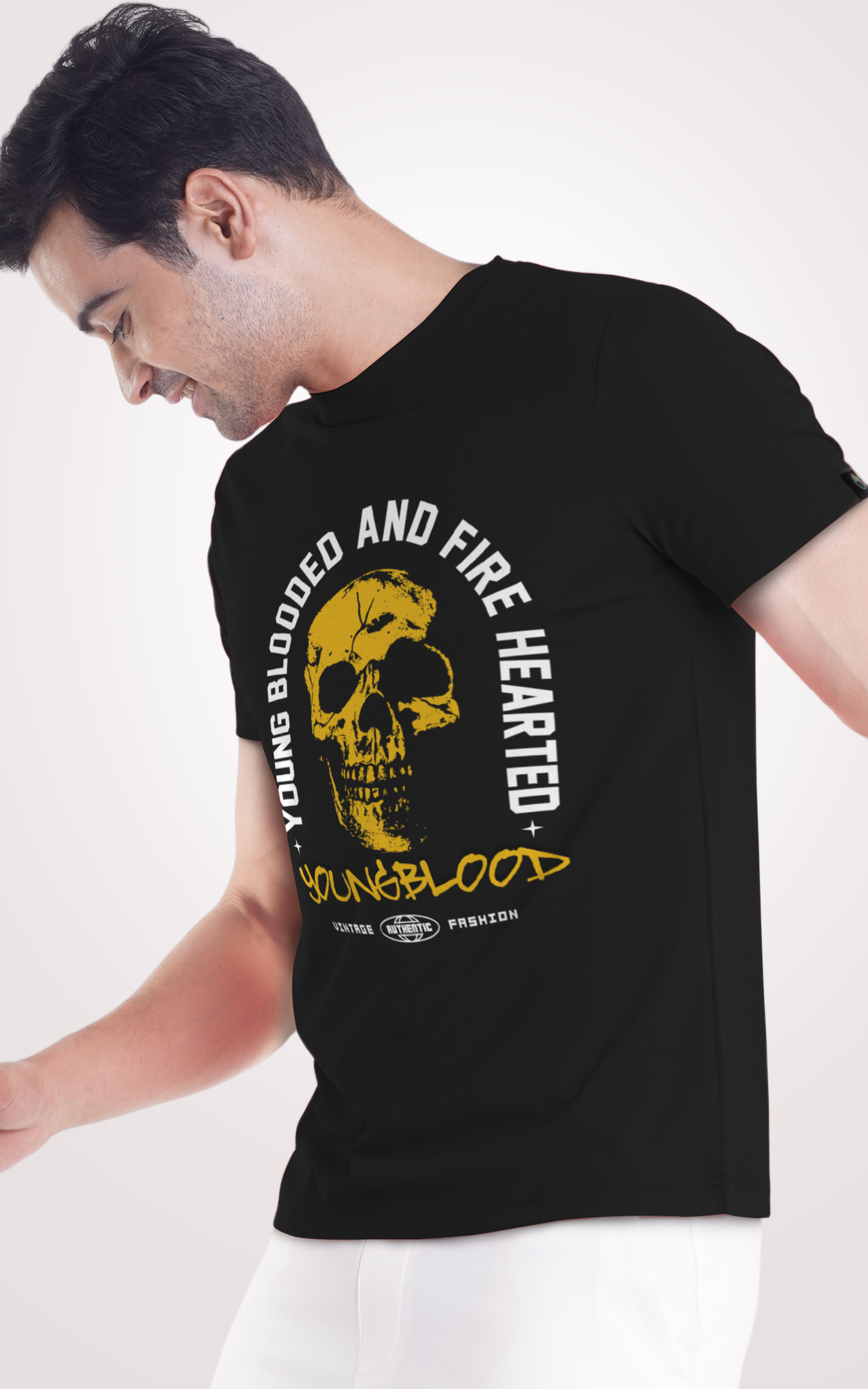 Young Blooded and Fire Hearted Half Sleeves Black T-Shirts
