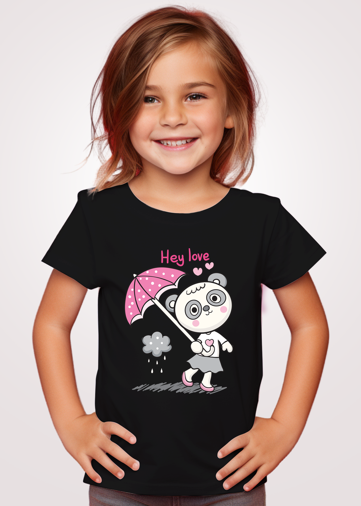 Panda with Umbrella Printed Black Kid T-shirt