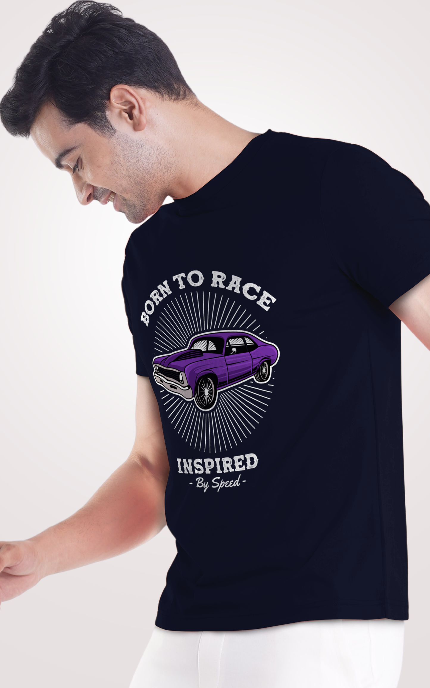 Born To Race Printed Half Sleeves Navy Blue T-Shirt