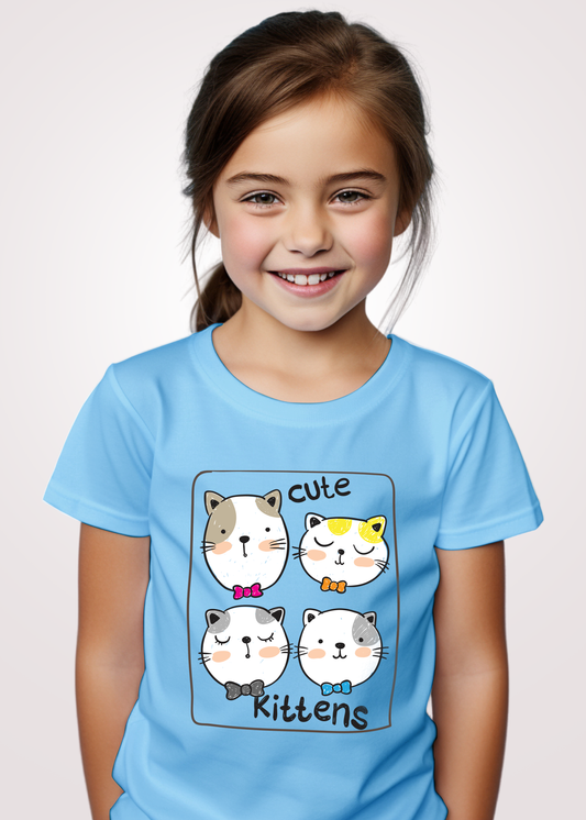 Cute Kitten Printed Sky Blue Kid T-shirt