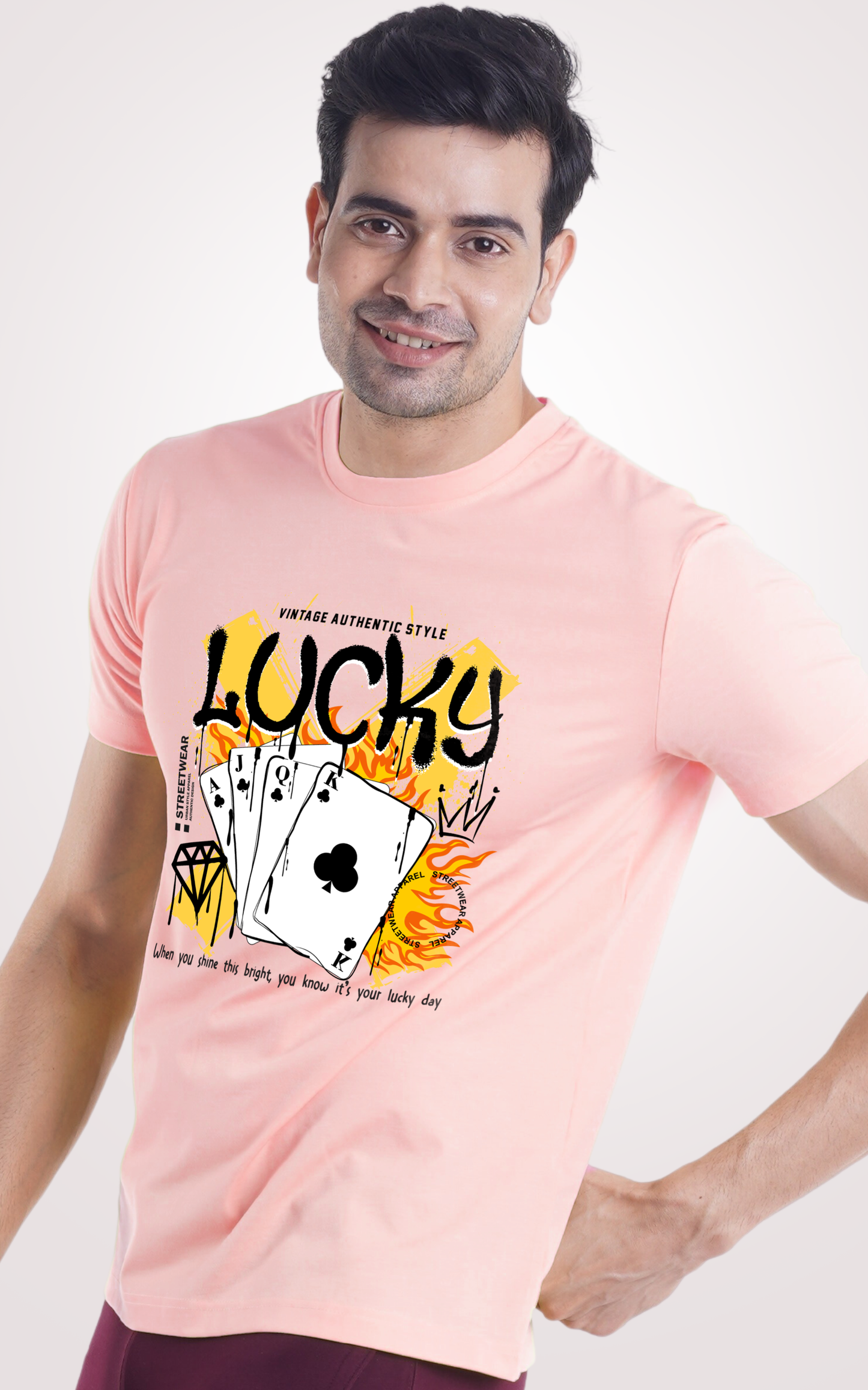 Lucky Poker Half Sleeves Light Pink T-Shirt