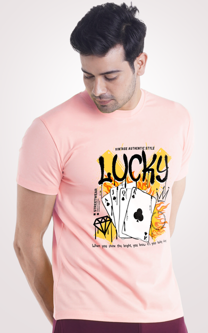 Lucky Poker Half Sleeves Light Pink T-Shirt