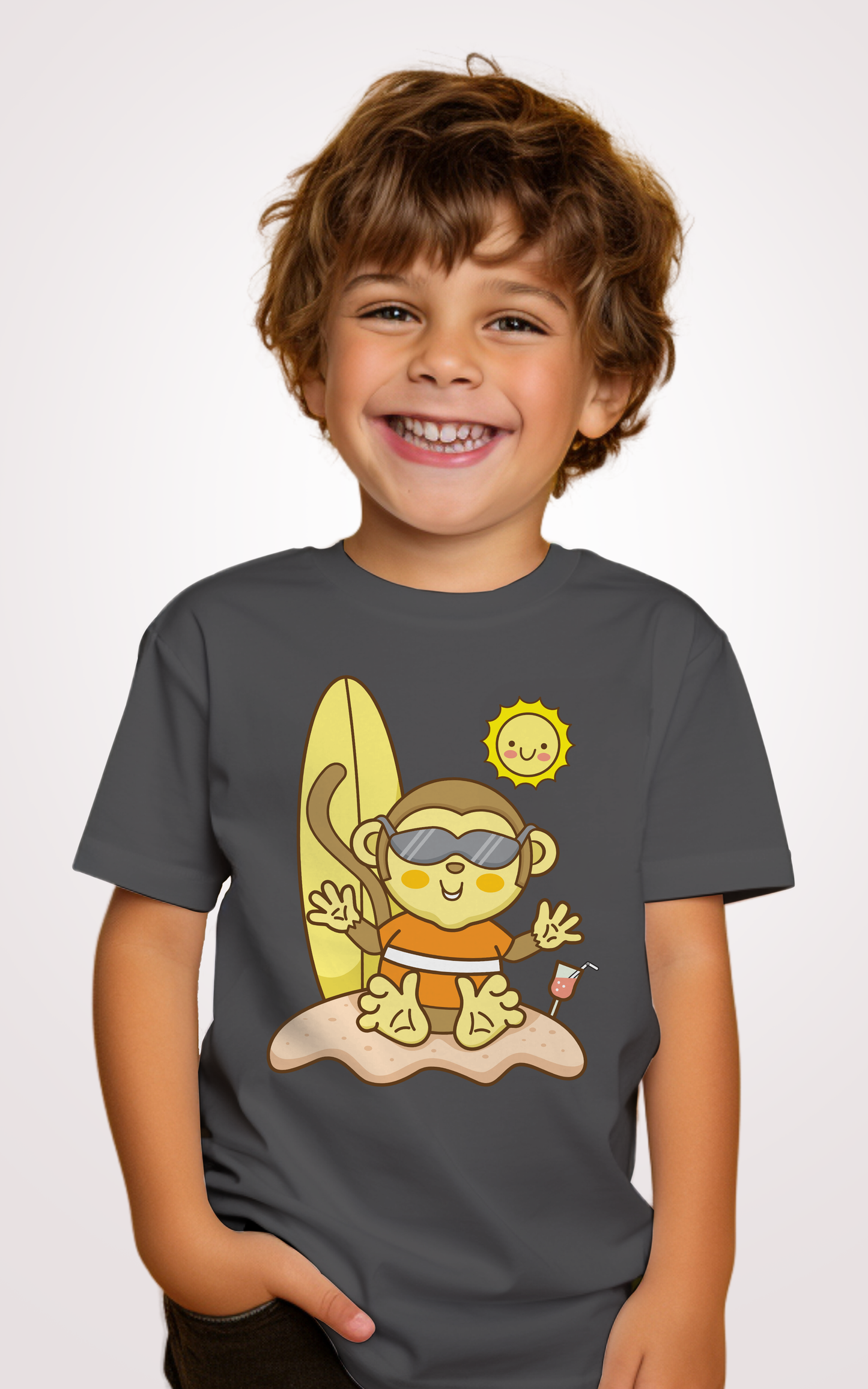 Monkey Chilling Printed Grey Kid T-shirt