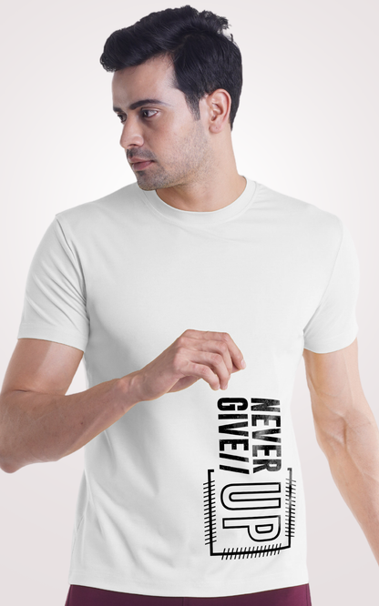 Never Give Up Printed Half Sleeves White T-Shirt