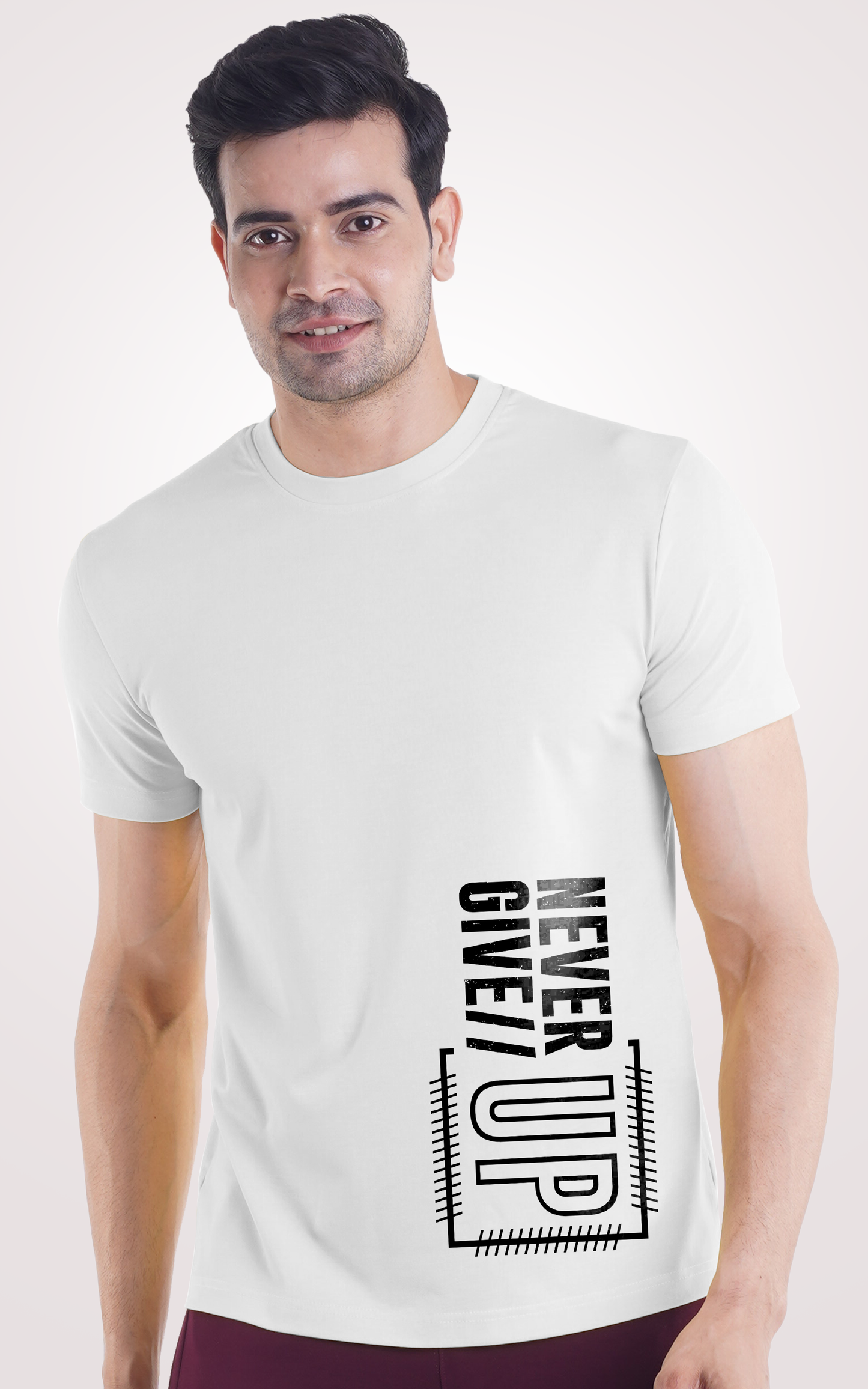 Never Give Up Printed Half Sleeves White T-Shirt