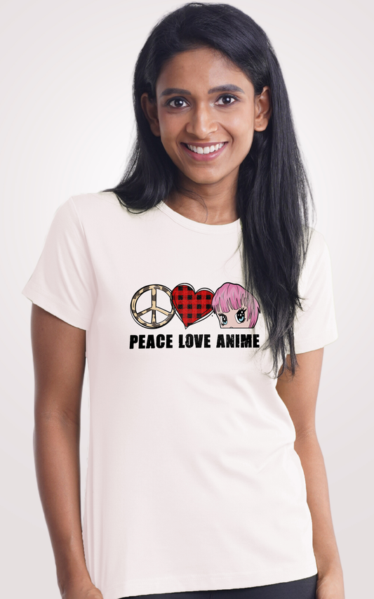 Peace Love Anime White Printed Half Sleeve T-Shirt