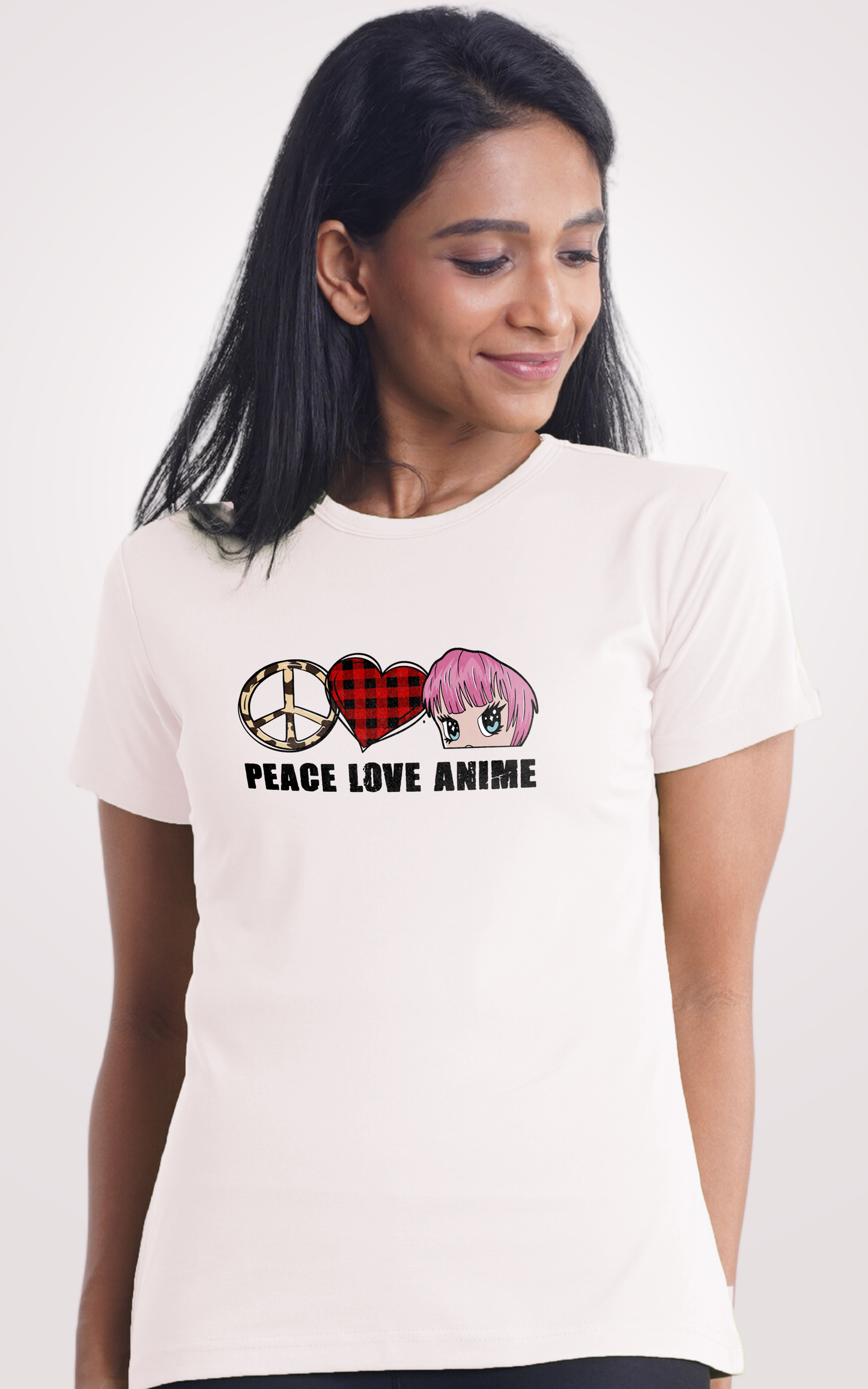 Peace Love Anime White Printed Half Sleeve T-Shirt