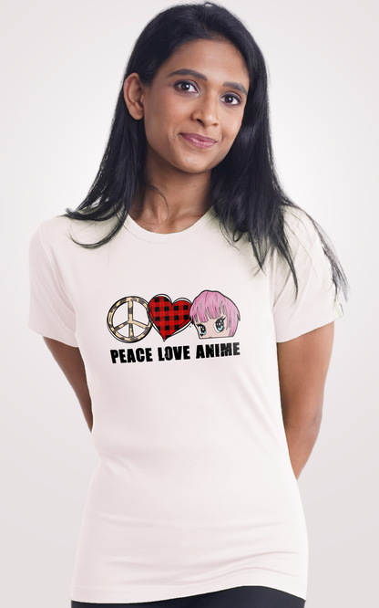 Peace Love Anime White Printed Half Sleeve T-Shirt