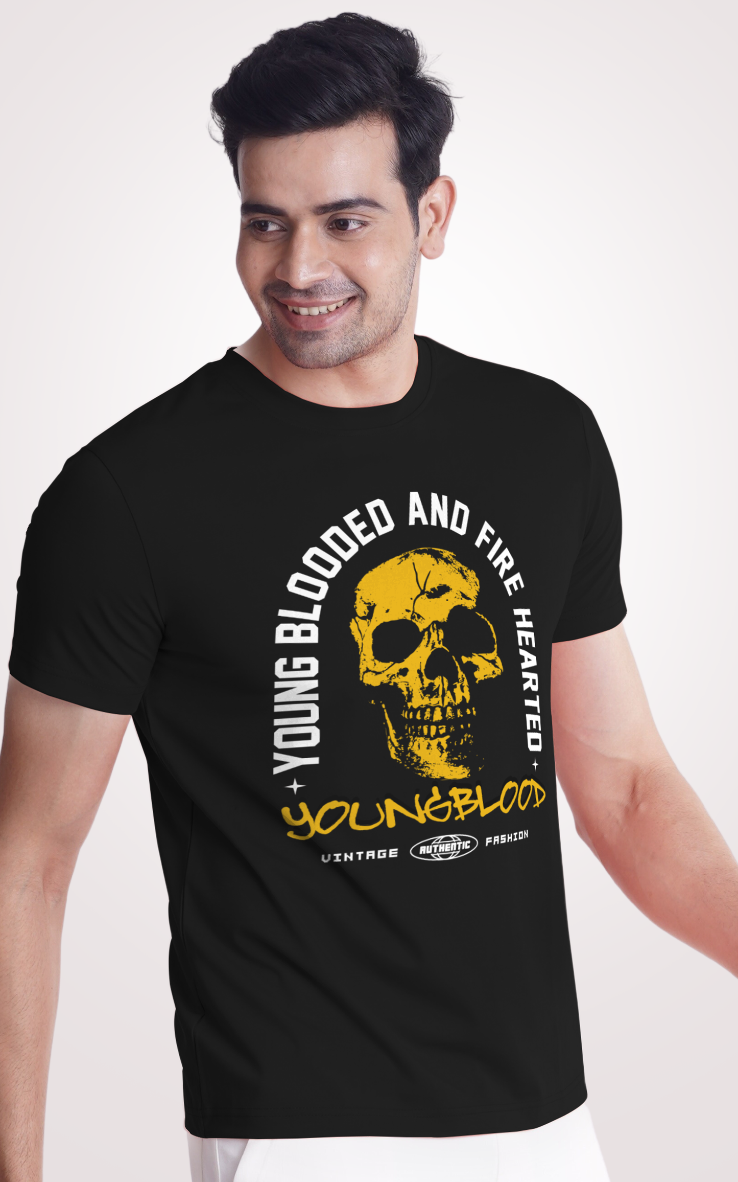 Young Blooded and Fire Hearted Half Sleeves Black T-Shirt