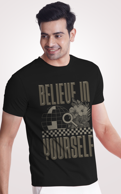 Believe In Yourself Printed Half Sleeves Black T-Shirt