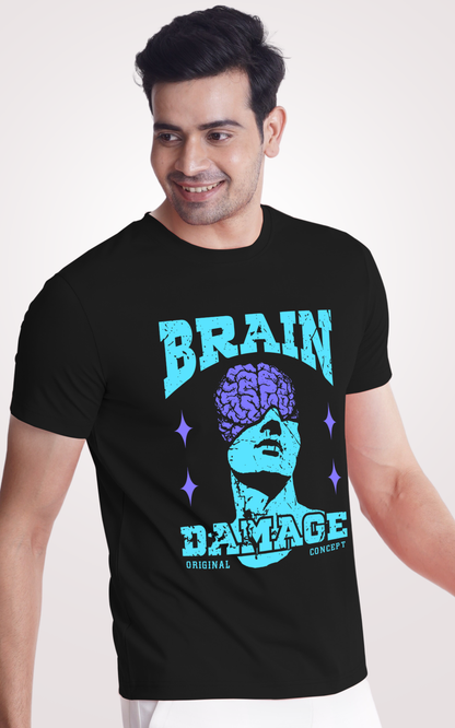 Brain Damage Printed Half Sleeves Black T-Shirts