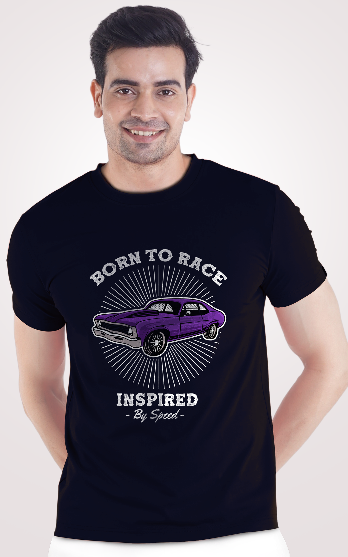 Born To Race Printed Half Sleeves Navy Blue T-Shirt