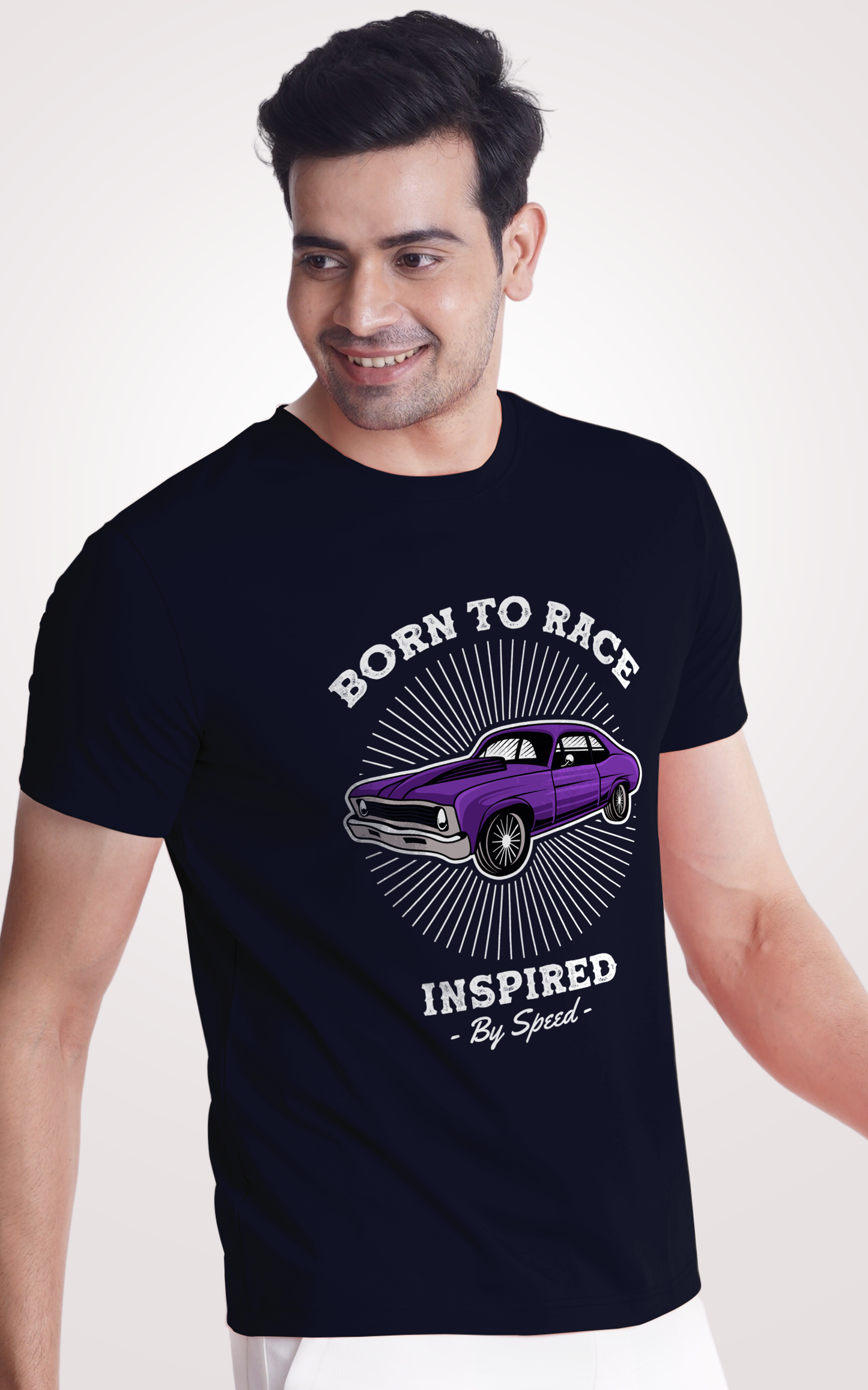 Born To Race Printed Half Sleeves Navy Blue T-Shirt