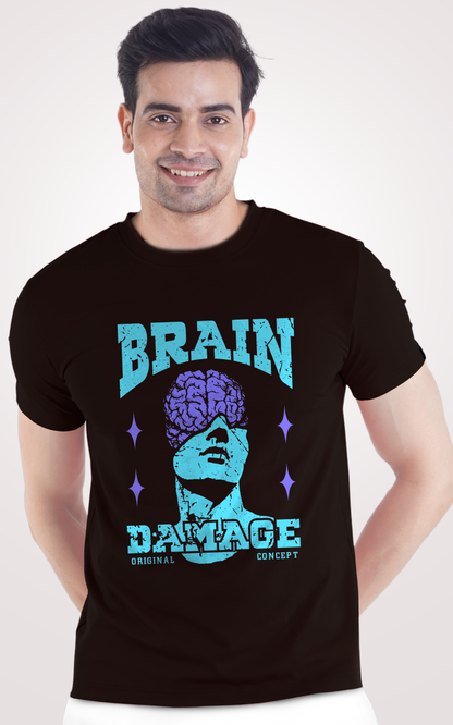 Brain Damage Printed Half Sleeves Black T-Shirt