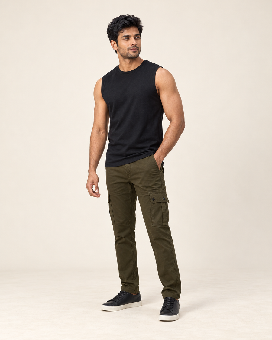 AI-generated Indian male model wearing Cooldown olive cargo joggers, full body
