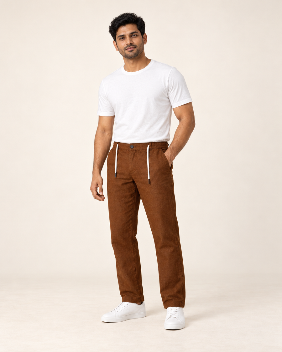 AI-generated Indian male model wearing Cooldown brown linen pants, full body
