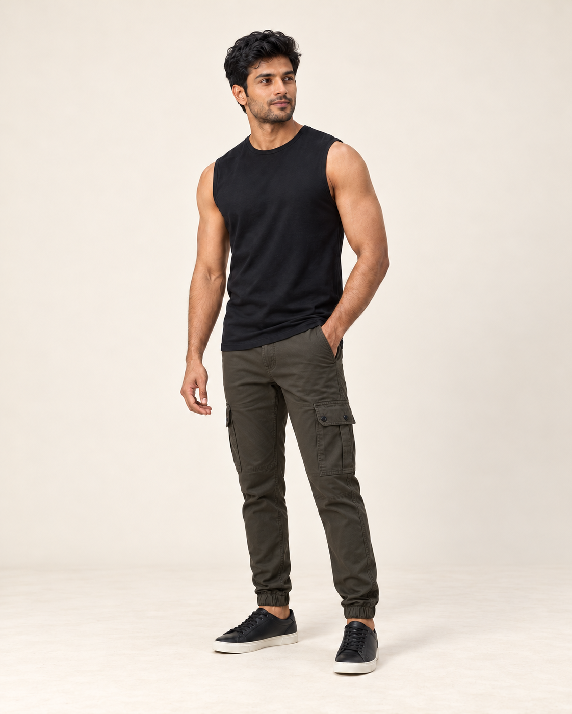 AI-generated Indian model wearing Olive Green bottom mens jogger, full body