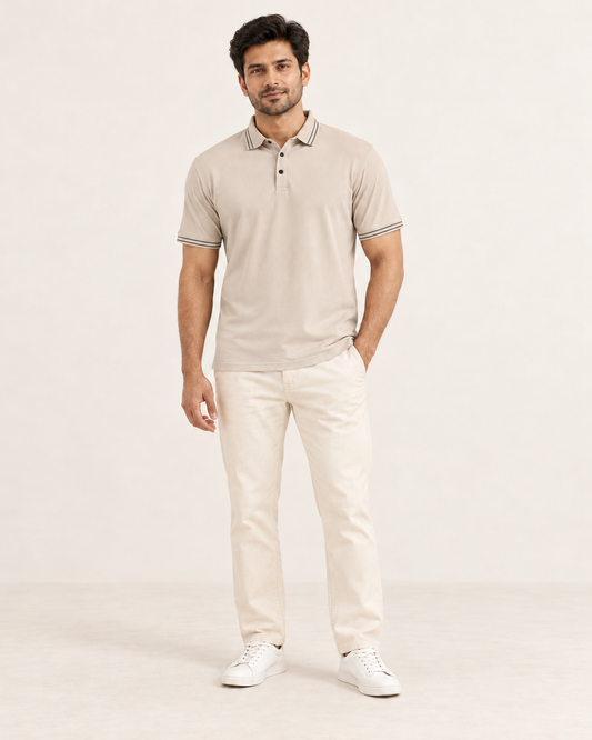 AI-generated Indian male model wearing Cooldown beige polo tshirt, full body