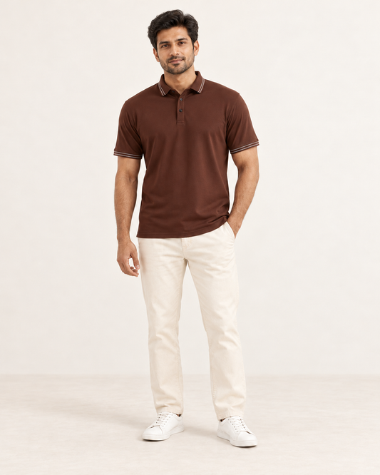 AI-generated Indian male model wearing Cooldown brown mens polo tshirt, full body