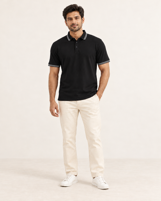 AI-generated Indian male model wearing Cooldown ebony black polo tshirt, full body