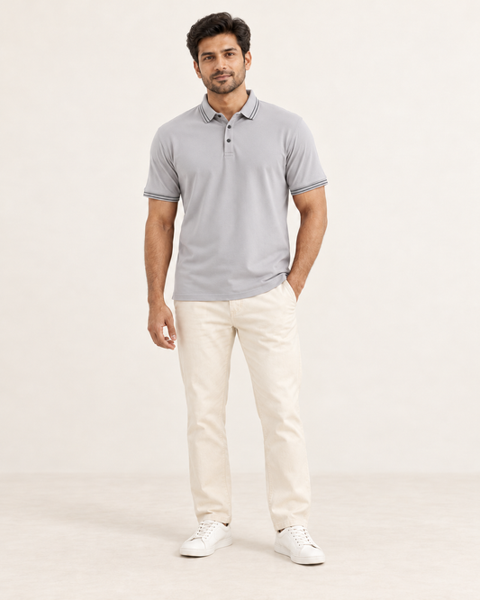 AI-generated Indian male model wearing Cooldown grey mens polo tshirt, full body