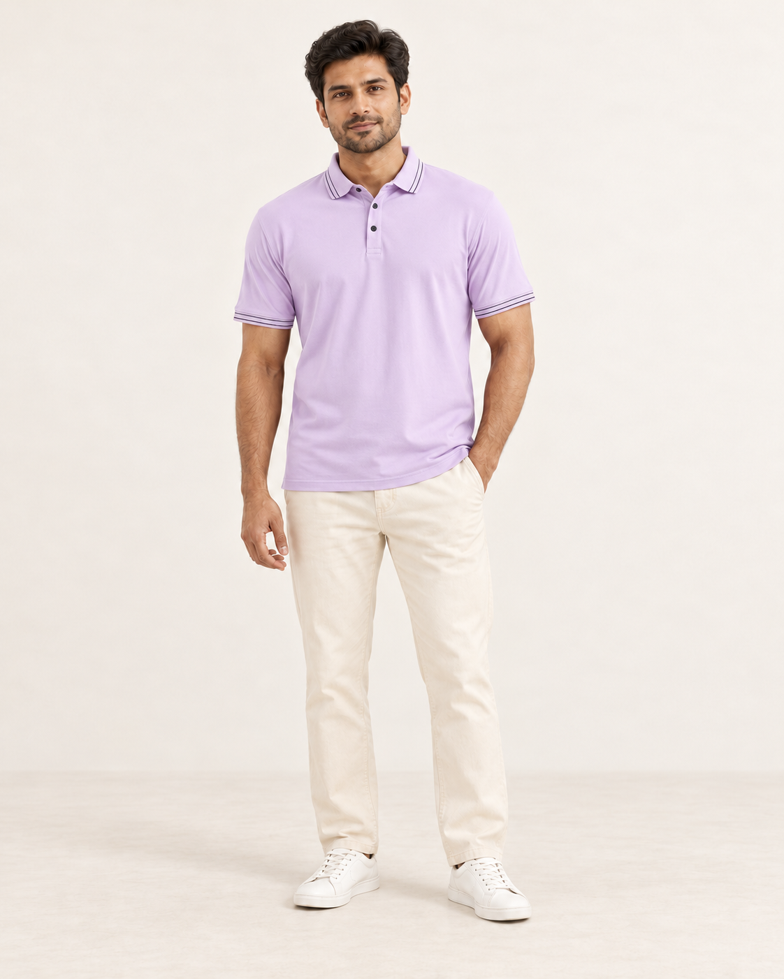 AI-generated Indian male model wearing Cooldown lavender mens polo tshirt, full body