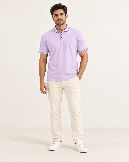 AI-generated Indian male model wearing Cooldown lavender mens polo tshirt, full body
