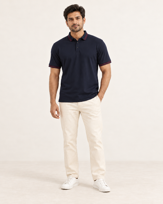AI-generated Indian male model wearing Cooldown navy blue mens polo tshirt, full body