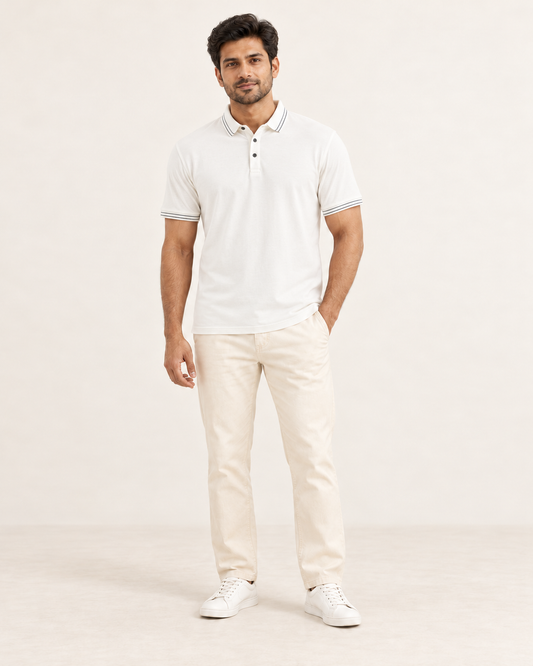 AI-generated Indian male model wearing Cooldown white polo mens tshirt, full body