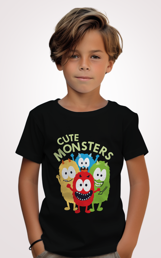 Cute Monsters Printed Black Kid T-shirt