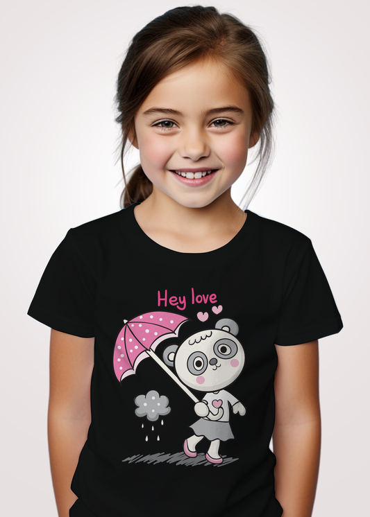 Panda with Umbrella Printed Black Kid T-shirt