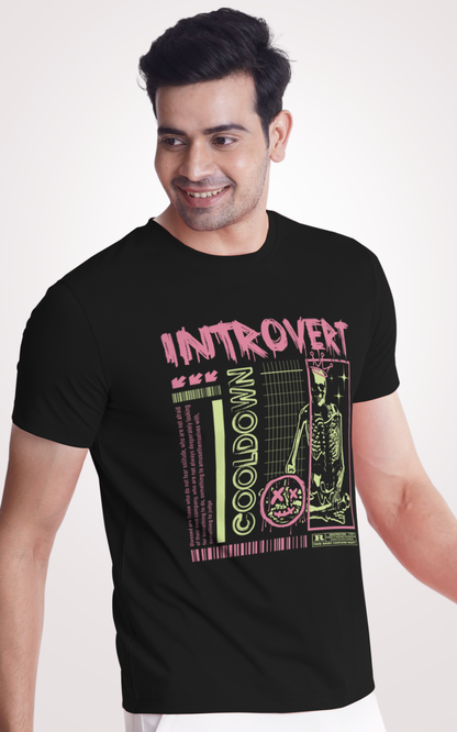 Introvert Half Sleeves Black T-Shirt