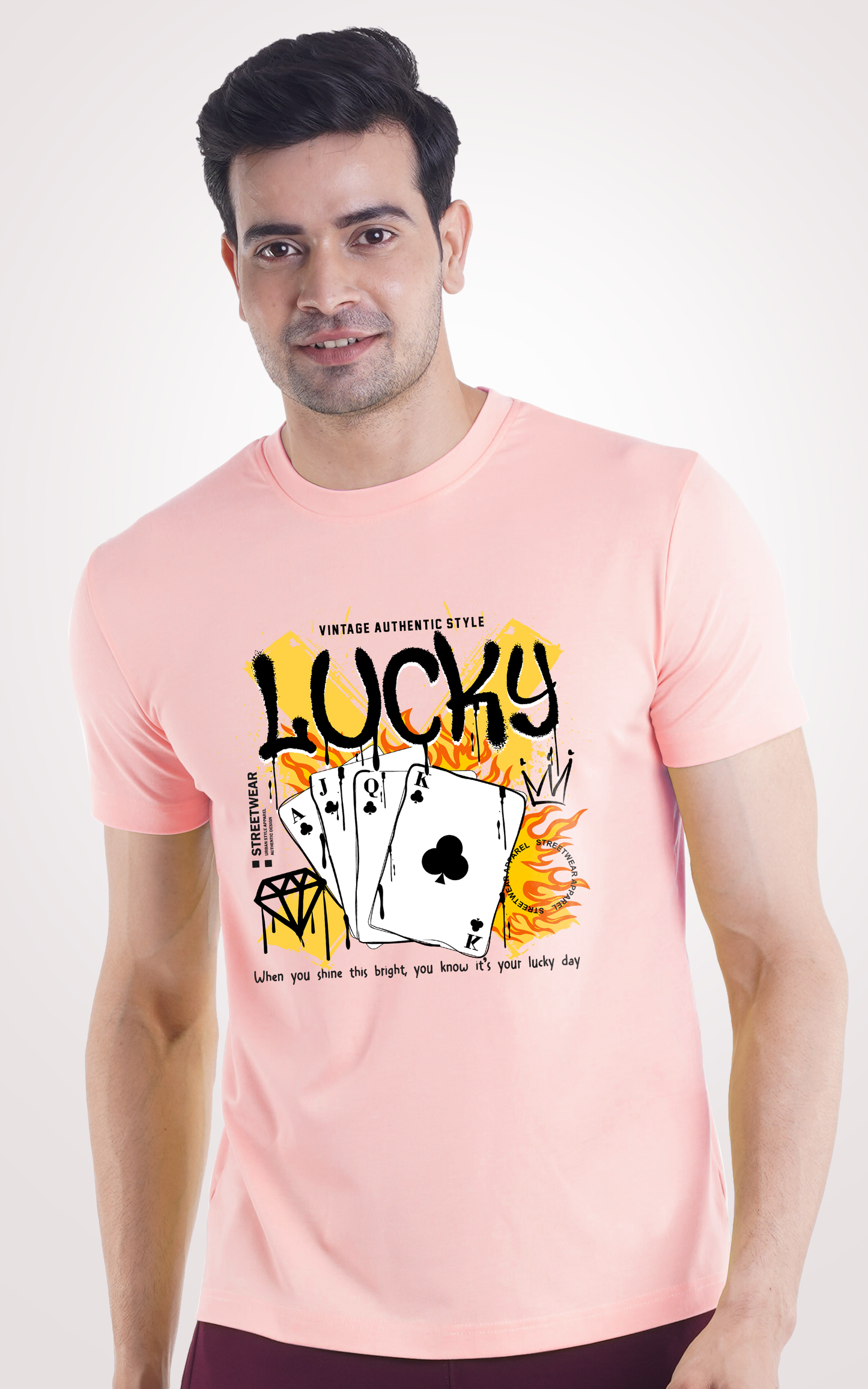 Lucky Poker Half Sleeves Light Pink T-Shirt