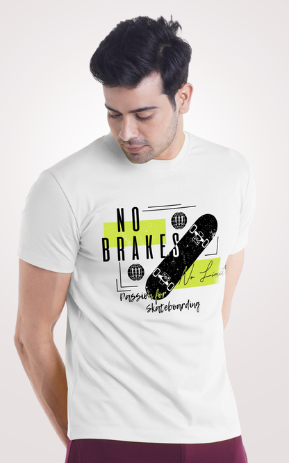 No Brakes Half Sleeves White T-Shirt