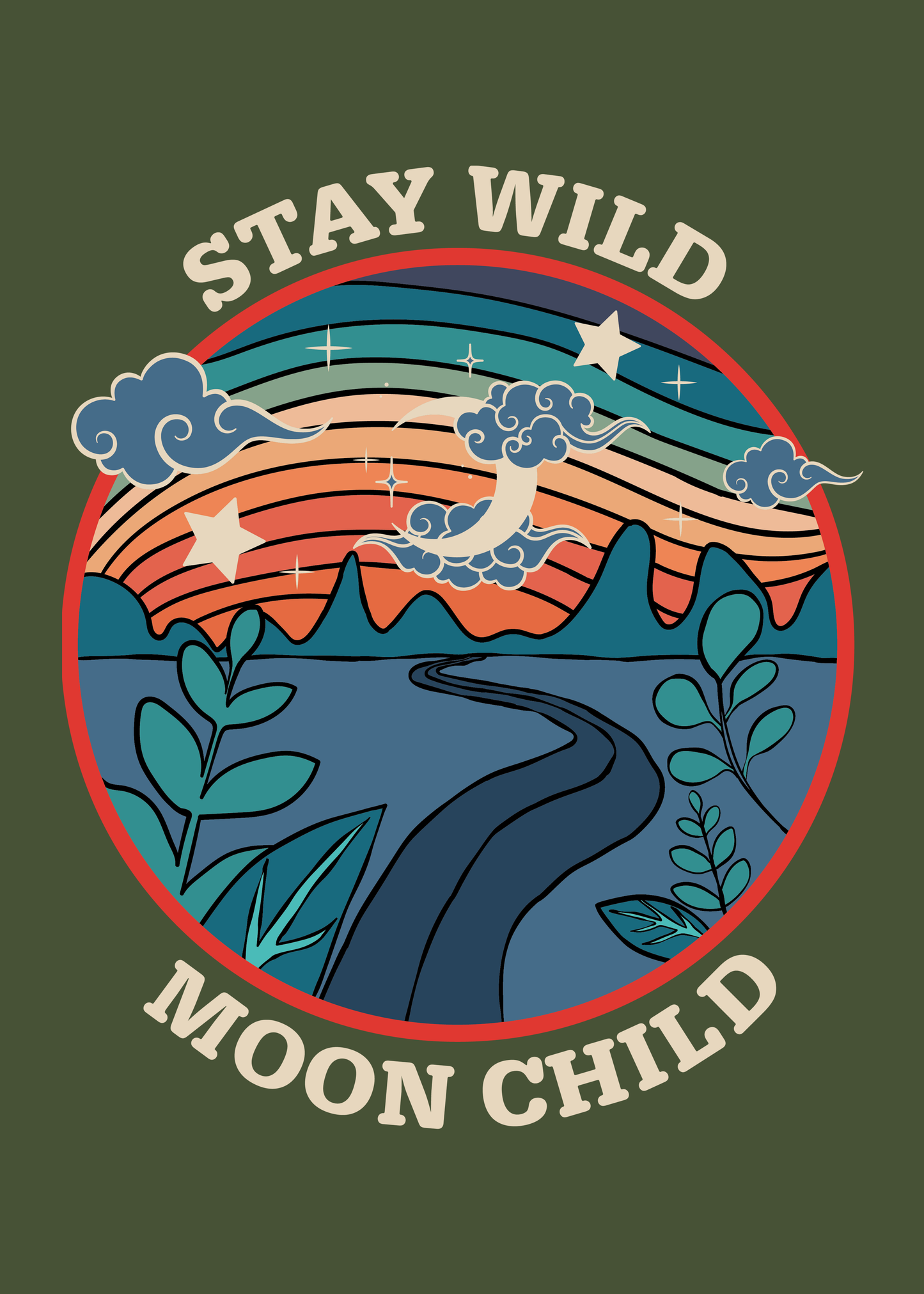 Stay Wild Moon Child Olive Green Printed T-Shirt