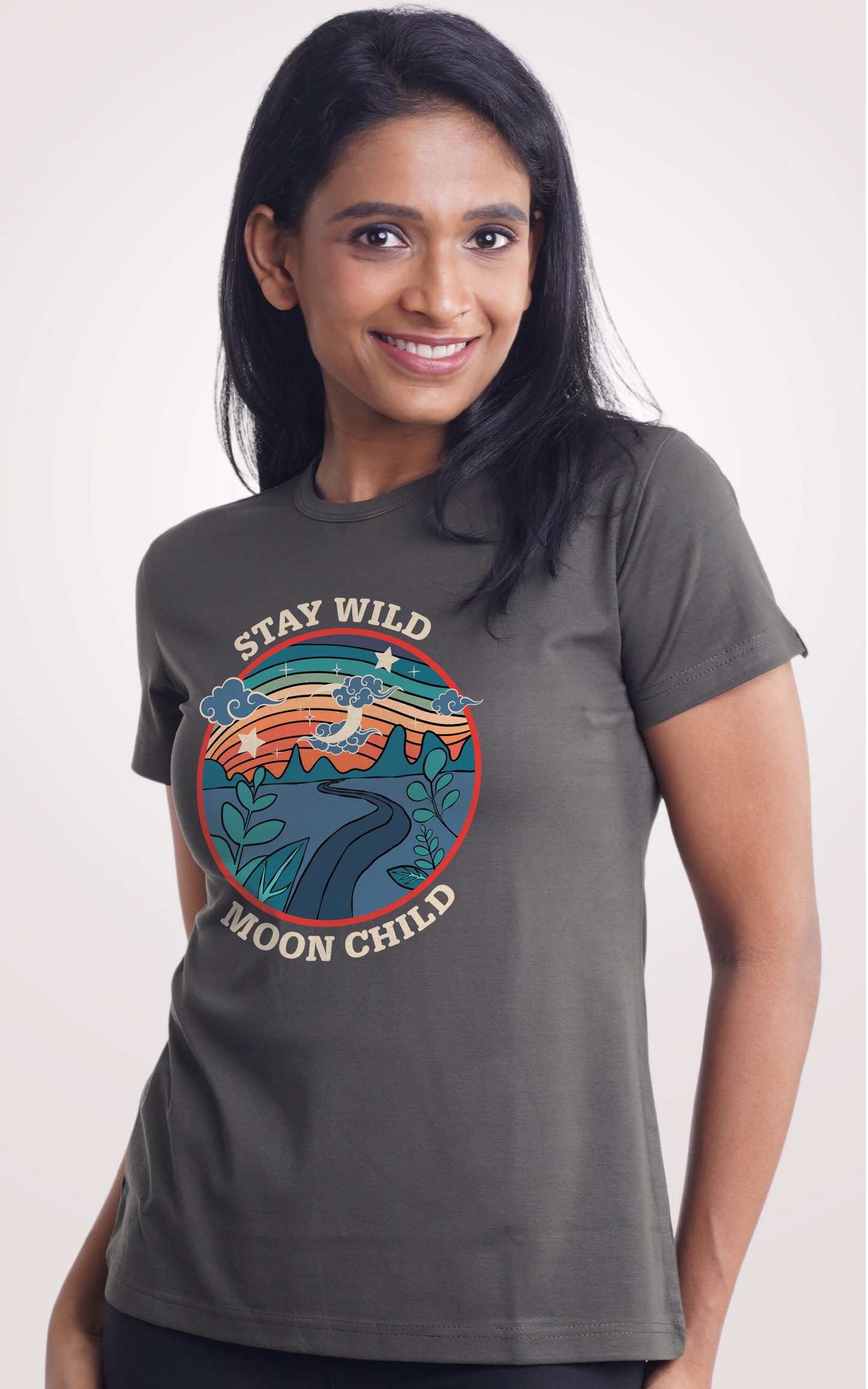 Stay Wild Moon Child Olive Green Printed Half Sleeve T-Shirt