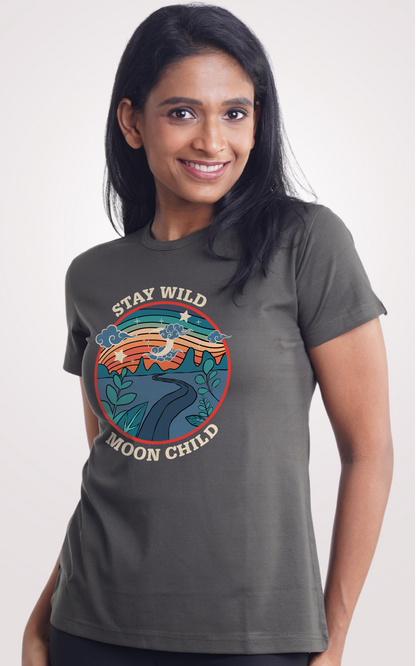 Stay Wild Moon Child Olive Green Printed Half Sleeve T-Shirt