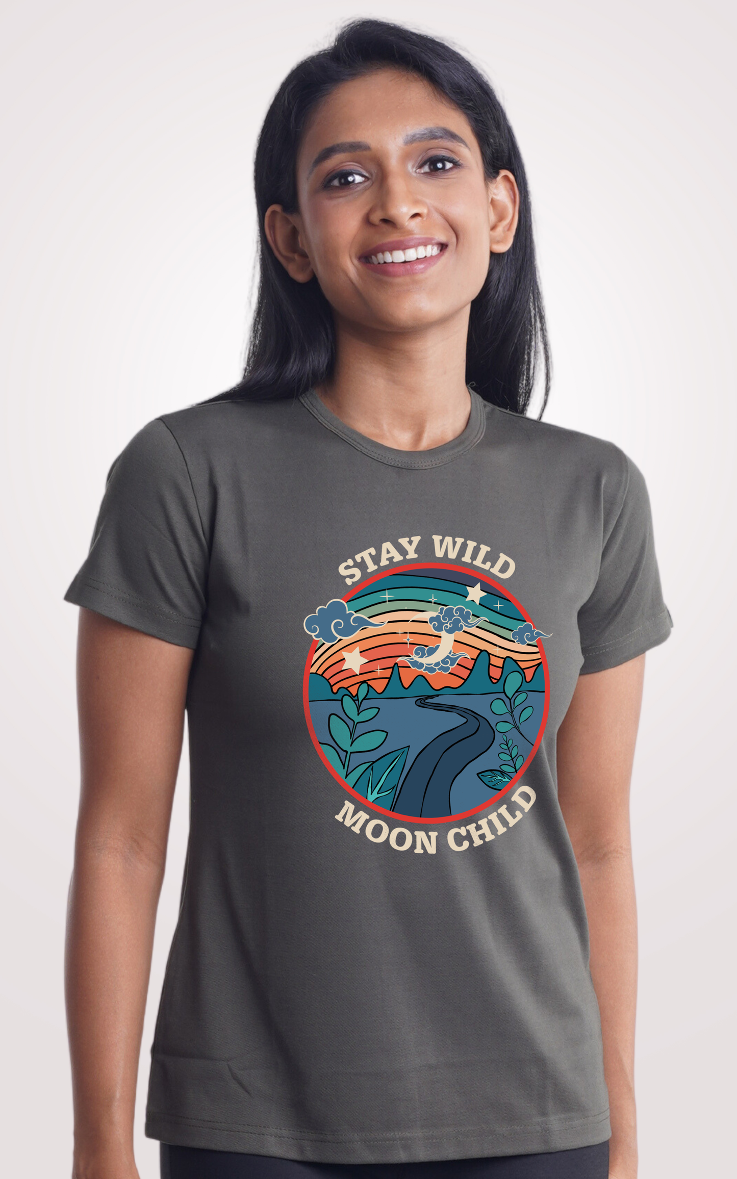 Stay Wild Moon Child Olive Green Printed Half Sleeve T-Shirt